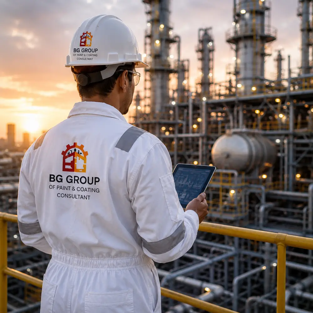 BG Group coating consultant inspecting refinery assets on a live oil & gas platform at sunset — surface treatment, corrosion protection and digital inspection