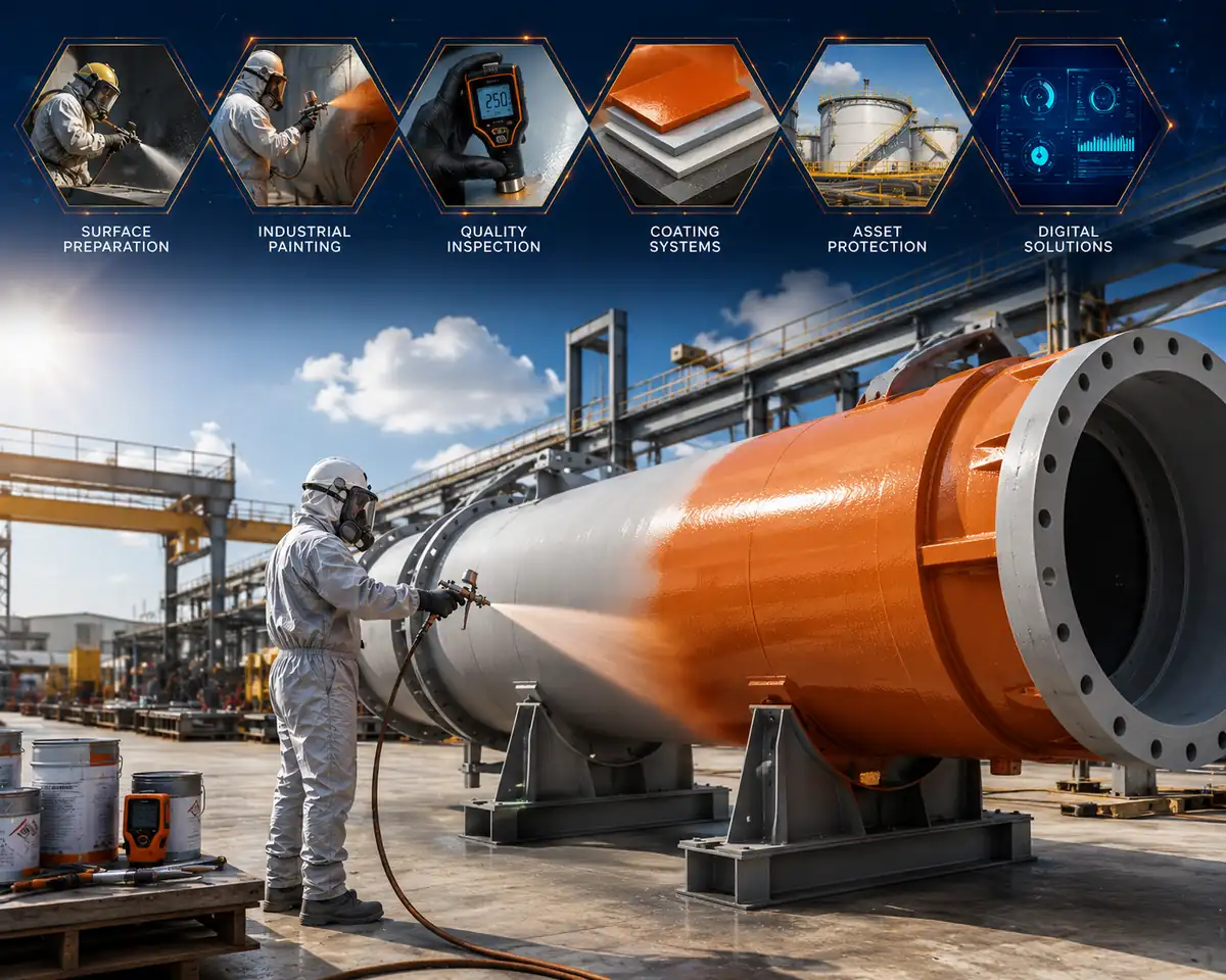 BG Group industrial painter applying premium orange protective coating to a large pressure vessel in a heavy-engineering fabrication yard, with service capabilities shown across the top: surface preparation, industrial painting, quality inspection, coating systems, asset protection and digital solutions